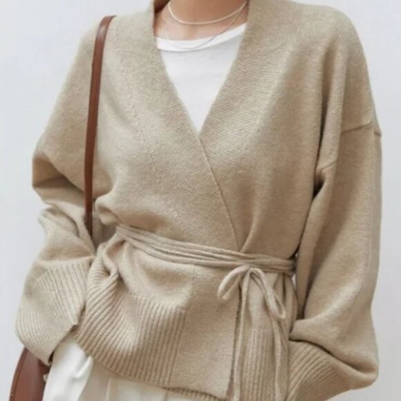 Oatmeal Beige Knit Kimono Cardigan Sweater with Tie Belt - Picture 1 of 7